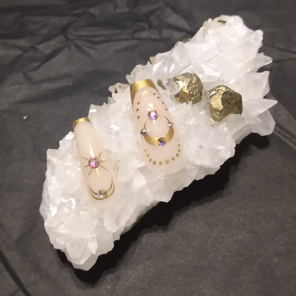 Celestial 24pc Sun/Moon Evil Eye Rhinestone Embellished Fake Nails NIB